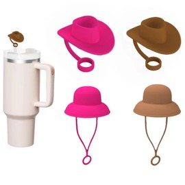PUOTWN 4 Pack Silicone Cowboy Hat Straw Covers Cap Compatible with 30 40 oz Accessories 10mm, Drinking Dccessories, Western straw toppers, Hot Pink Straw Topper.