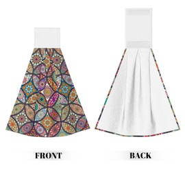 YINFILAN Mandala Floral Kitchen Tie Towel Multicolored Geometric Pattern Hanging Kitchen Hand Towels Set of 2 Hang Dish Towel Absorbent Soft Bath Towel for Bathroom