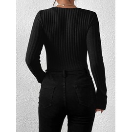 GORGLITTER Women's Ripped Knit Twist Front Bodysuit Jumpsuit Deep V Neck Long Sleeve Tops Casual Fitted T Shirts Black L