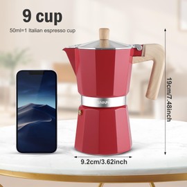 Sivaphe Aluminum Moka Pot 9 Espresso Cups, Percolator Espresso and Coffee Maker, Portable Stovetop Italian and Cuban Café Brewer for Home and Camping Red