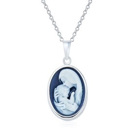 Classic Antique Style Blue White Carved Oval Simple Framed Victorian Lady Portrait Mother Cameo Pendant Necklace For Women Wife .925 Sterling Silver