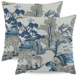 Wsunsal Chinoiserie Pillow Covers 18x18 Inch Set of 2, Asian Scenic Blue and Beige Throw Pillows Farmhouse Chinoiserie Decorative Pillowcase Linen Cushion Cover for Home Sofa Bedroom Outdoor