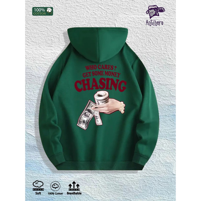 WHO CARES? GET SOME MONEY CHASING Graphic Hoodie 100% Cotton