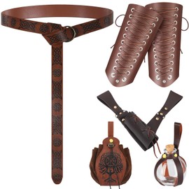 Sweetude 5 Pcs Medieval Belt Renaissance Costume Viking Leather Belt Pouch Arm Guard Dagger Cover Belt Cork Potion Bottle (Brown,Classic Style)