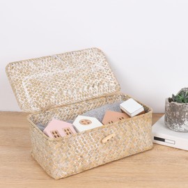 FEIALNDUO Wicker Shelf Baskets with Lid,Seagrass Storage Basket Bins Rectangular Handwoven Basket Boxes for Shelves Desktop Home Organizer (Whitewash, X-Small)