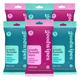 goodwipes Flushable Wipes Travel Size - Extra Large Adult Wet Wipe - On-the-Go Portable Wipes - Sewer & Septic Safe - Hygiene Essentials - Shea Coco & Rosewater, 108 Count (6 Packs)