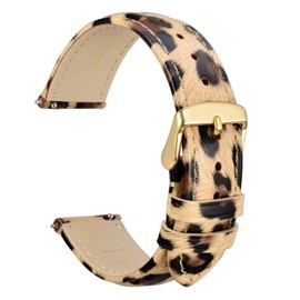 WOCCI 20mm Flower Watch Band for Women, Genuine Leather, Quick Release Strap, Gold Buckle (Leopard)