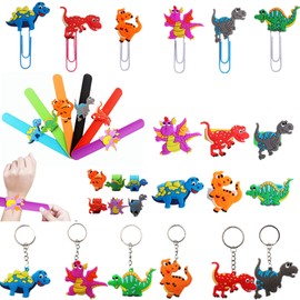 24pcs Cartonn Dragon Dinosaur Theme Slap Bracelets silicone Wristbands Keychain Ring and Bookmarks Party Favors