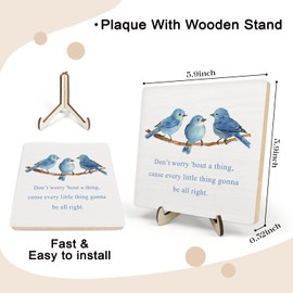 Inspirational Wooden Sign, Every Little Thing Is Gonna Be All Right Wooden Plaque Sign,Cute Watercolor Birds, Home Office Decor Wooden Plaque Sign (White-Birds, 5.9 x 5.9 inches)