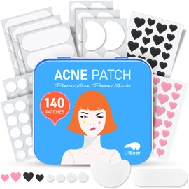 LitBear Acne Pimple Patch, 8 Sizes 140 Pcs Hydrocolloid Acne Patches with Storage Box, 24 XL Pimple Patches for Face, Chin, Nose, 4 Shapes Zits Patches for Blemish, dots with Tea Tree Oil & Cenrella | LitBear