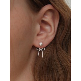 Nogesida Pearl Bow Earrings Stud for Women Trendy Cute Statement Dainty 925 Silver Hoop Earrings Small Accessories Wedding Bridal Flat Back Ear Dangle Drop Hypoallergenic Jewelry