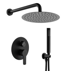 Matte Black Shower Faucet Set, Rain Shower System Contain 10 Inches Rain Shower Head with Handheld, Bathroom Wall Mounted Rainfall Shower Fixture Set(Round Black Shower + Rough Valve)