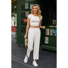 SEMARO Womens Casual High Waisted Linen Feel Pants Tapered Vacation Lounge Pants Trousers with Pockets White