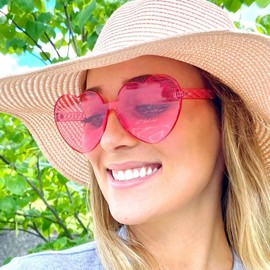 SUNOVELTIES 40 Pcs Heart Shaped Rimless Sunglasses Bulk Pink Color Frameless Glasses Colorful Party Eyewear for Women