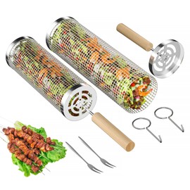 Rolling Grilling Baskets for Outdoor Grill, 2 Pcs BBQ Grill Basket, Stainless Steel Barbeque Grill accessories set, Camping Picnic Cooking Tools for Vegetable/Shrimp/Chicken, Gifts for Men Dad Husband