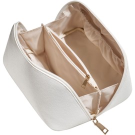 Yarnic White Travel Makeup Bag Cosmetic Bag Make Up Pouch, Large Capacity Toiletry Bag for Women, Portable Pouch Cute Make Up Organizer with Divider and Handle, PU Leather