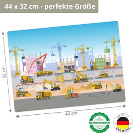 Tischset | Platzset abwaschbar – Baustelle mit vielen Fahrzeugen Bagger und Kran – 44 x 32 cm – aus hochwertigem Vinyl