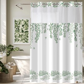 Nazapher No Hook Green Plant Shower Curtain with Snap in Liner Set, Botanical Designs with Wisteria Floral Bath Curtain for Bathroom, Waterproof & Washable, 71" x 74"