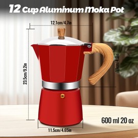 Vaolvpant 12 Cup Aluminum Moka Pot Red Classic Stovetop Espresso Coffee Maker 600ml 20oz Coffeemaker Percolator Mocha Express Classic Cafe Maker for Italian and Cuban Café Brewing