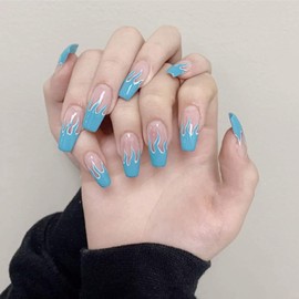 Allereya Long Coffin Print On Nails Flame Gradient Fake Nails Purple Ombre Clip On Nails Full Cover Acrylic Nails Tips False Nails Art for Women and Girls Pack of 24 (Blue)