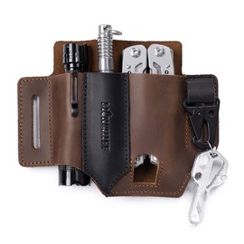 LIONCHIEF Genuine Leather Multitool Sheath for Belt, EDC Pocket Organizer Leather Pouch for EDC Carry，Darkbrown