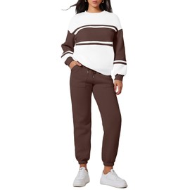 Herseas Women 2 Piece Teacher Outfits Sweatsuit Set 2025 Fall Oversized Color Block Sweatshirt Jogger Sweatpant Tracksuit Lounge Set Dark Brown X-Large 16 18