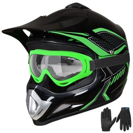 ILM Youth Kids Dirt Bike Helmet ATV Motocross DOT Off-Road Street Helmet Goggles Gloves Full Face Protective Helmet Model BLD-818(Green,Youth-Large)