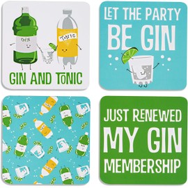 Pavilion Gift Company 74933 Gin & Tonic Sentiment, Pattern and Character Holder 4" (4 Piece) Coaster Set with Box, 4 Inch Square, Multicolor