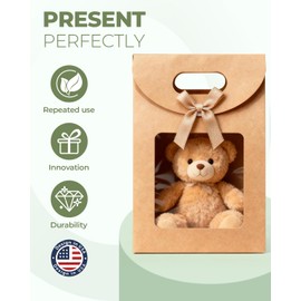 CYGYINT 50Pcs Brown Gift Bags with Clear Window 4.7''x2.4''x6.2'' Variety Stand Up Window Gift Bags with Handles for Candy, Cookies, Wedding Favors