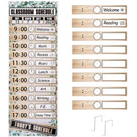 MotiMind Daily Schedule Pocket Chart for Classroom, Calendar Pocket Chart 13+1 Pockets, 21 Reusable Cards for Classroom School 13" x 36" (Rustic Color,Farmhouse)