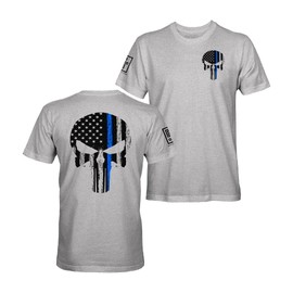 Fantastic Tees Thin Blue Line Law Enforcement Police Officer Patriotic Skull Men's T-Shirt (Sport Grey, XL)