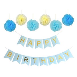 Blue Happy Birthday Party Banner - Blue and Gold Foil Letters – Paper Tissue Pom Poms Decoration - Celebration Sign Birthday Garland by Jolly Jon ®