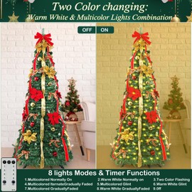 6FT Pop up Christmas Tree - Fully Decorated Pre-Lit Pull Up Christmas Tree with 200 Warm White Lights, Gold Red Ball Ornaments Bows Ribbons for Holiday Indoor Outdoor Party Decoration