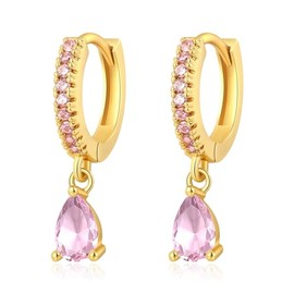 CHARMINGO Birthstone Gold Hoop Earrings for Women Small Huggie Earrings 925 Needles Hypoallergenic Cubic Zirconia Jewelry Dainty Dangle Drop Earrings for Christmas Wedding Party Daily Wear, Pink