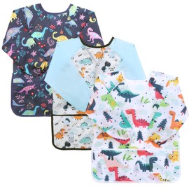 Zuimei 3 Pack Kids Art Smock Toddler Children Painting Apron Age 3-8, Waterproof Artist Painting Aprons Long Sleeve with 3 Pockets for Painting, Cooking, Crafts, Clay