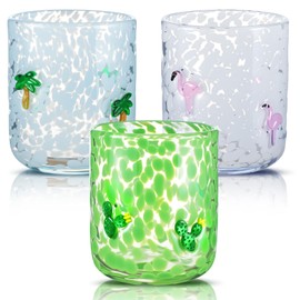 SiliFine 3 Pcs Tropical Icon Juice Glasses, 14oz Flamingo, Palm Tree and Cactus Icon Stemless Drinking Glasses Set, Ideal for Gift & Summer Beach Party Drinkware