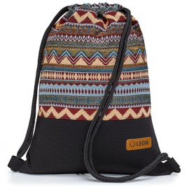 By Bers Leon Gym Bag with Inner Pockets in Black and White Backpack Bag Women Men & Teenagers Gym Bag Draw String, Tb_boho_black_014