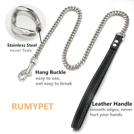 RUMYPET 3FT/4FT/5FT Heavy Duty Silver Dog Chain Leash 10MM/14MM Stainless Steel Miami Cuban Link Chain with Durable Genuine Leather Handle for Training Walking(10mm,5ft)