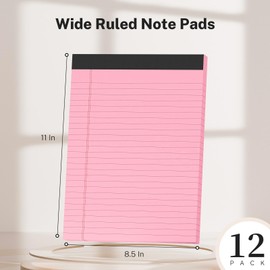 Pink Legal Pads 8.5 x 11, Notepads 8.5 x 11, Wide Ruled, 12 Pack Pink Note Pads 8.5 x 11, Pink Paper 8.5 x 11, Legal Size Paper, 30 Sheet/Notepad, Lined Paper, Writing Pads for Study, Office, Home