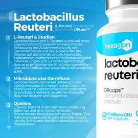 Lactobacillus Reuteri 10 Billion CFU / Capsule - Full 3+ Month Treatment - L-Reuteri - Freshcare - 90 DRcaps Gastric Acid Resistant Capsules - Vegan - Hexagon