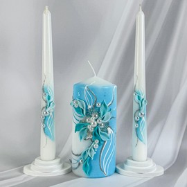 Magik Life Unity Candle Set - Wedding Ceremony & Reception – 6” Pillar & Two 10” Taper Candles – Long Burning Unity Candles for Marriage Ritual – Handmade in USA – White |Turquoise