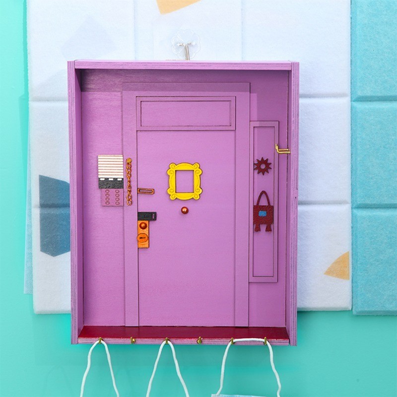 Wooden Purple Door Keychain Holder Hooks Storage Wall Hanger Shelf