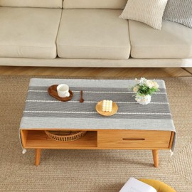 SIELUNO Coffee Table Cover, Rustic Farmhouse Rectangle Table Cloth Cotton Linen Waterproof with Pockets and Tassel for Living Room Decoration - Grey Stripes - 24x64 Inch