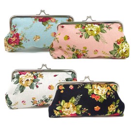 Honbay 4PCS Canvas Floral Coin Purse, Kiss Lock Change Purse, Vintage Trinkets Pouch, Cell Phone Pouch, Rose Pattern Clasp Closure Wallet, 3.54 x 7.48"(9x19cm)