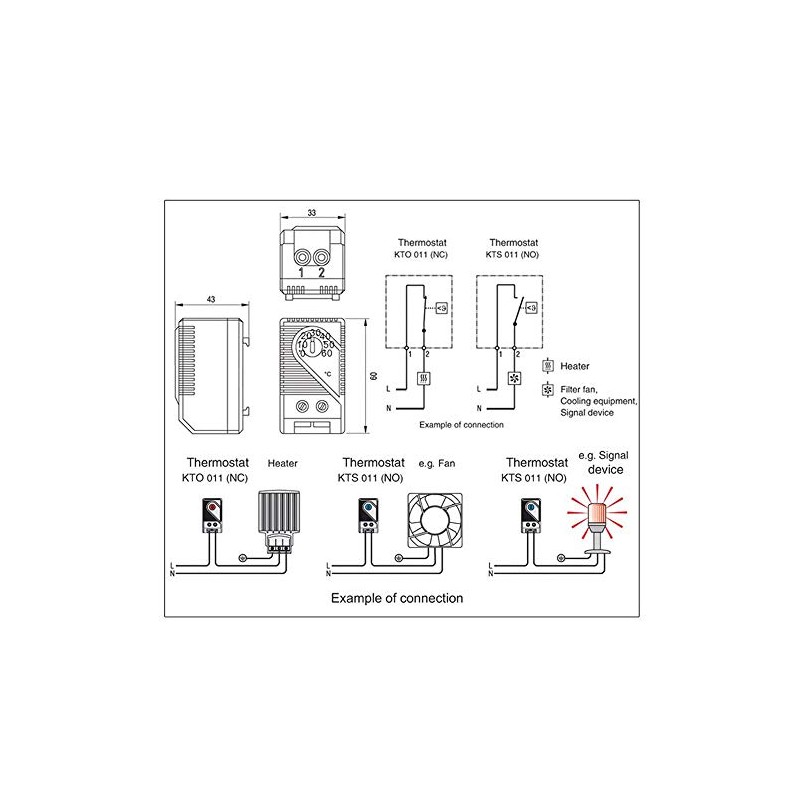 Temperature Controller, KTS011 0-60℃ Adjustable Compact Electric Mechanical Thermostat Switch,