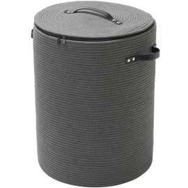 Extra Large Cotton Rope Storage Basket with Lid and Zipper, Versatile Laundry Hamper and Cloth Bin for Clothes, Towels, Blankets, Living Room Organization (All Dark Grey, 16"x20")
