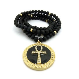 Shiny Jewelers USA Mens Gold Silver Egyptian Ankh Cross Round Pendant Charm 36" Wood Bead Chain Necklace (Gold)
