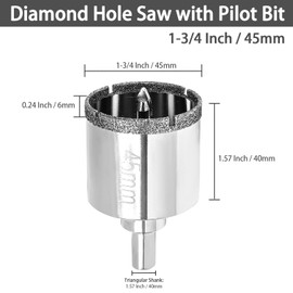 Qjaiune 1-3/4 Inch / 45mm Diamond Hole Saw with Pilot Drill Bit, 1-9/16 Inch Cutting Depth Glass Hole Saw Tile Hole Saw Drill Bit, Ceramic Hole Saw for Marble, Granite, Fiberglass, Porcelain, Quartz