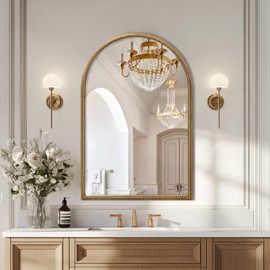 Arched Wall Mirror for Bathroom, Antique Gold 20"x30" Metal Beaded Arch Frame Decorative Accent Mirror, Modern Distressed Hanging Wall Mount Decor for Washroom, Bedroom, Living Room, Entryway