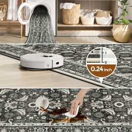 WITSHOCK Washable Area Rug, 8x10 Area Rugs for Living Room Bedroom Kitchen Rugs, Vintage Boho Accent Kitchen Rugs Non Slip Washable Stain Low Pile Resistant Floor Carpet, Outdoor Washable Rug, Black